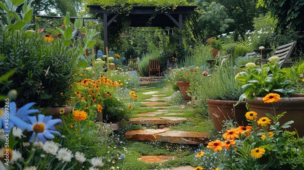 A garden with wild flowers, herbs, and potted plants. There is also an arbor in the background, and stone steps leading up to it. Generative AI. A garden with wild flowers, herbs, and potted plants. There is also an arbor in the background, and stone steps leading up to it. Generative AI.
