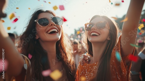 Two friends are captured raising their hands in celebration amidst colorful confetti, portraying a moment of pure joy and unbridled excitement during a lively event. photo