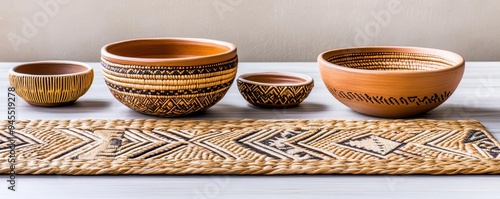 An African-inspired table setting with woven placemats and ceramic bowls, Tribal, Earth tones, High detail photo