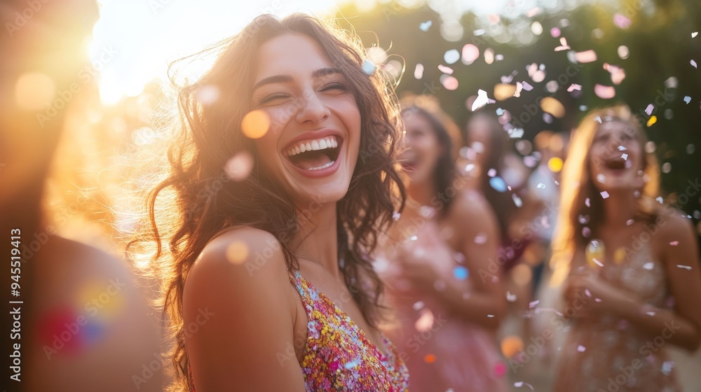A radiant woman with curly hair laughing joyfully surrounded by friends in an outdoor celebration. Bright sunlight and colorful confetti emphasize the happiness in the moment. A radiant woman with curly hair laughing joyfully surrounded by friends in an outdoor celebration. Bright sunlight and colorful confetti emphasize the happiness in the moment.