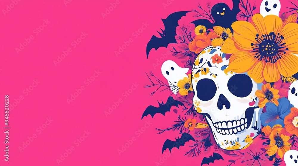 This image depicts a skull adorned with vibrant flowers set against a striking pink background with bats and ghosts floating around, creating a perfect Halloween illustration. This image depicts a skull adorned with vibrant flowers set against a striking pink background with bats and ghosts floating around, creating a perfect Halloween illustration.