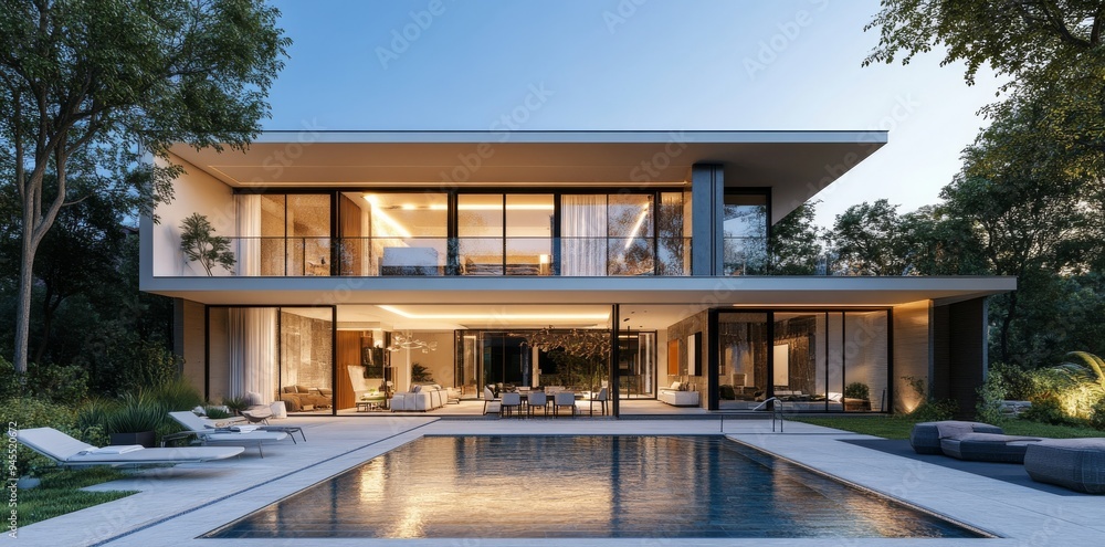 Fototapeta premium 3D rendering of a modern luxury house with a swimming pool and outdoor furniture in the front.