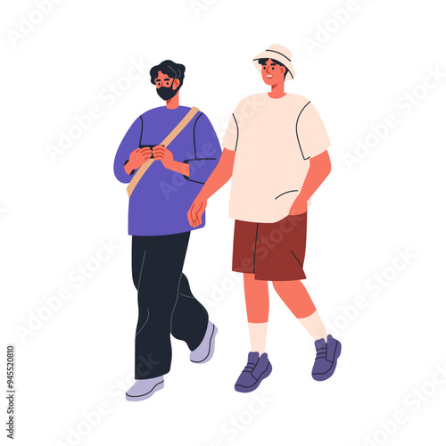 Men walking outdoors, ill guy wearing face mask for health protection, virus protective measure. Asian people, friends tourists going, strolling. Flat vector illustration isolated on white background