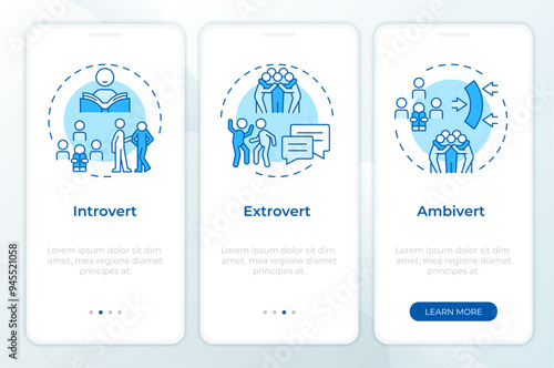 Human personalities blue onboarding mobile app screen. Walkthrough 3 steps editable graphic instructions with linear concepts. UI, UX, GUI template. Montserrat SemiBold, Regular fonts used