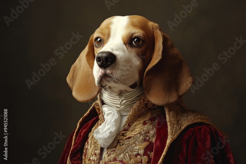 An elegant beagle adorns extravagant red and gold attire, posed in a traditional and stately manner reminiscent of historical portraiture, captured in a classic painting style. photo