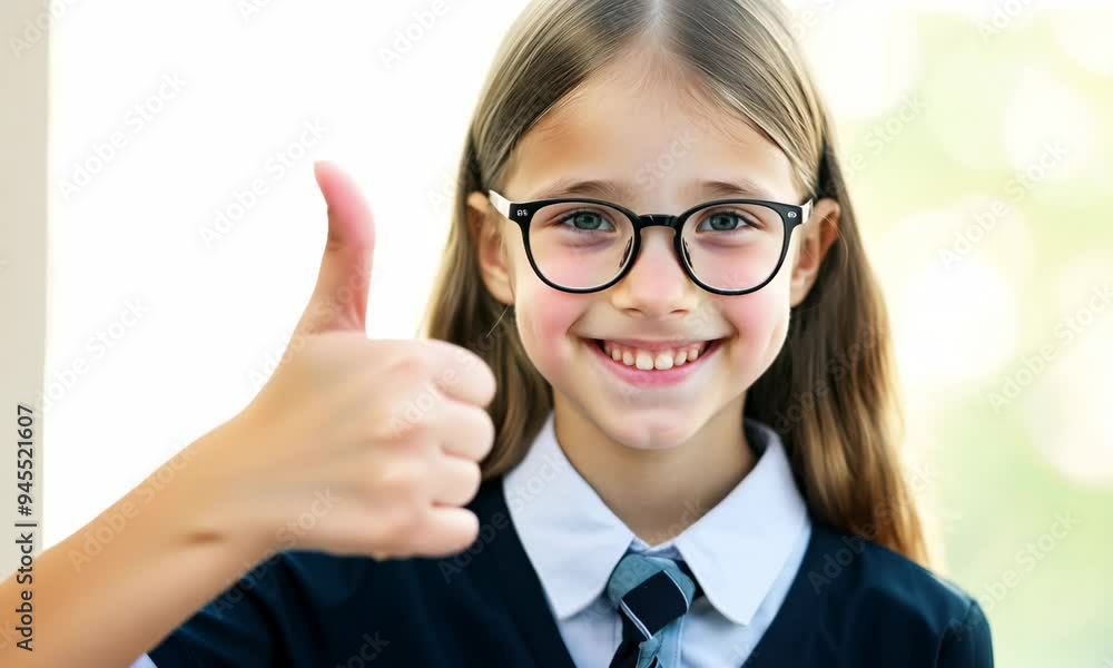 girl in school uniform with glasses smiling and showing thumb up girl in school uniform with glasses smiling and showing thumb up