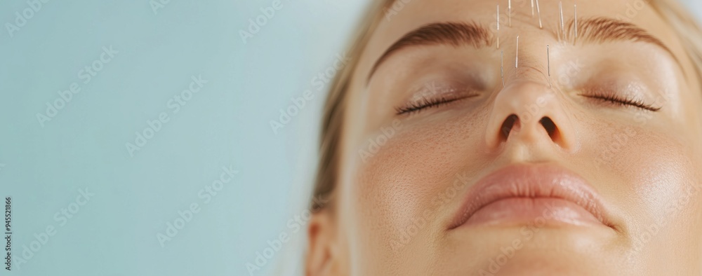 Acupuncture treatment of face close up on blue background and copy space Acupuncture treatment of face close up on blue background and copy space