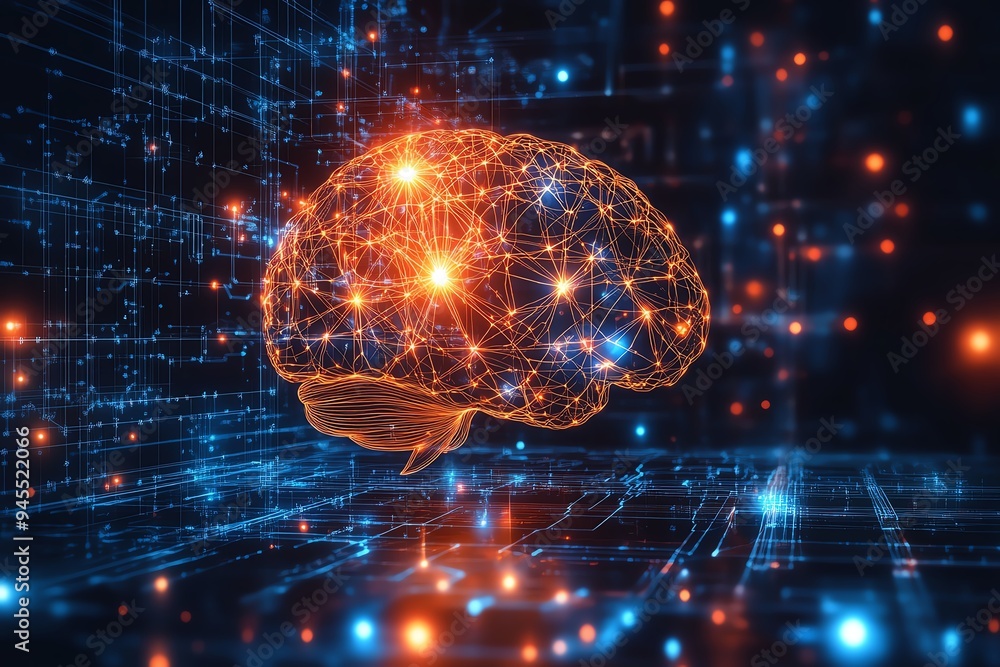 Abstract representation of a digital brain with glowing neural connections, set against a dark, futuristic background Abstract representation of a digital brain with glowing neural connections, set against a dark, futuristic background