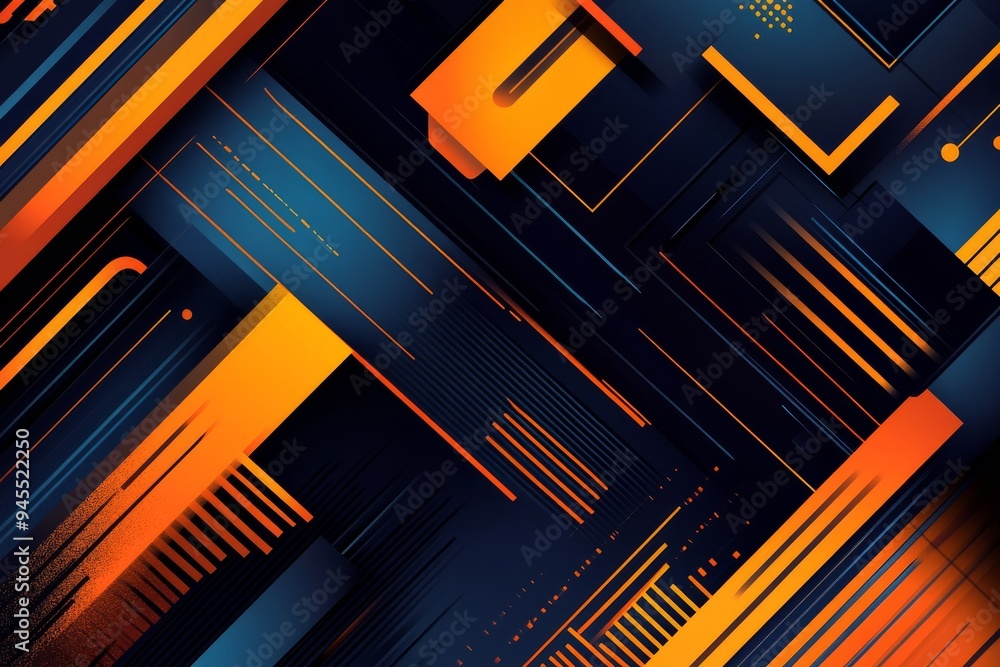 Abstract background with blue, orange, and black geometric shapes, lines, and stripes in a high-tech style. Abstract background with blue, orange, and black geometric shapes, lines, and stripes in a high-tech style.