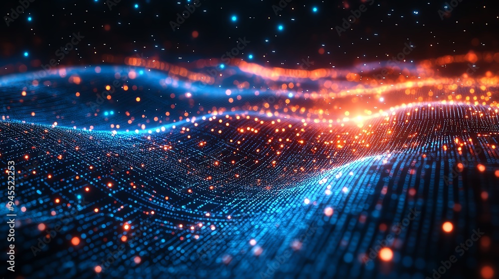 Abstract representation of data flow and digital signals, with glowing lines and particles, set against a deep blue and black background Abstract representation of data flow and digital signals, with glowing lines and particles, set against a deep blue and black background