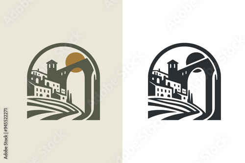Beautiful Italian countryside landscape logo, emblem, print, sticker. Modern vector illustration, cut out