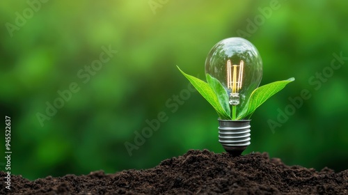 A light bulb sprouts from the ground, symbolizing innovation and growth in a sustainable environment with a vibrant backdrop.