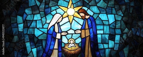 Stained glass nativity scene with rich blues, golds, and whites, featuring Mary, Joseph, and baby Jesus under a glowing star, nativity stained glass, traditional Christmas decor