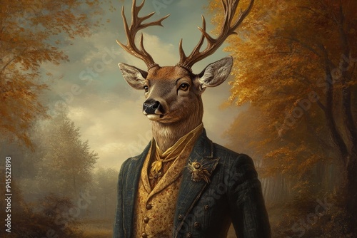 A deer dressed in Victorian-style human clothes, standing upright in a natural, autumnal setting, blending elements of anthropomorphism and traditional artistry.