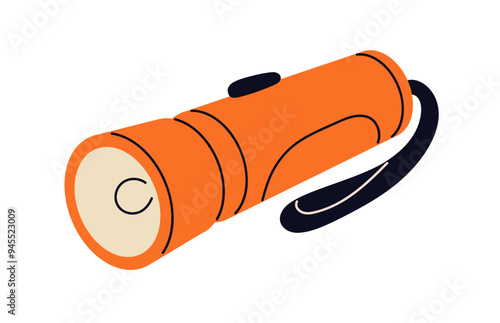 Flashlight, electric LED torchlight. Portable hand-held lamp for camping and hiking. Night travel accessory, pocket flash light icon. Flat graphic vector illustration isolated on white background