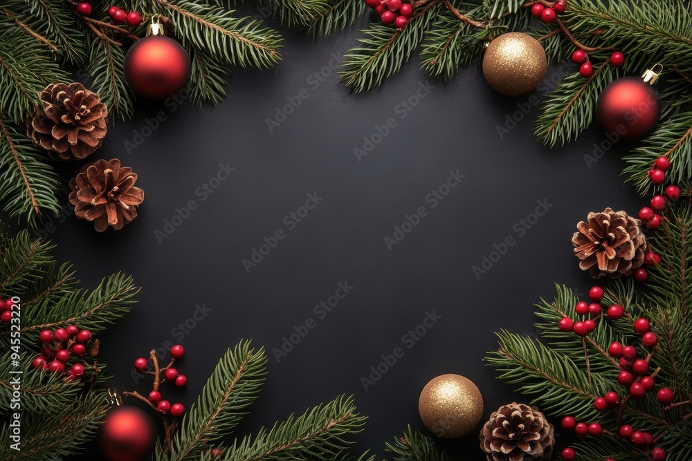 A black background with a Christmas tree and red berries. The background is surrounded by a frame of pine needles and red berries A black background with a Christmas tree and red berries. The background is surrounded by a frame of pine needles and red berries