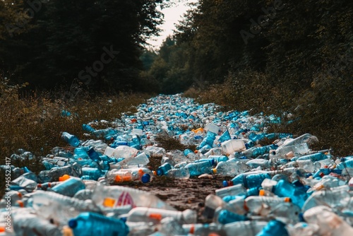 Pathway through a forest lined with discarded plastic bottles. photo