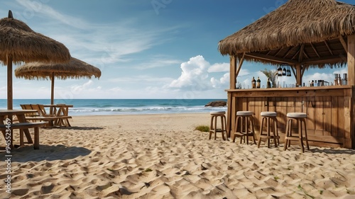 Fototapeta Naklejka Na Ścianę i Meble -  A rustic wooden beach cocktail bar on tropical island, blue sky day, summer holiday in paradise.