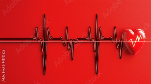 ECG pattern with heartbeat, red and black contrast, 3D illustration photo