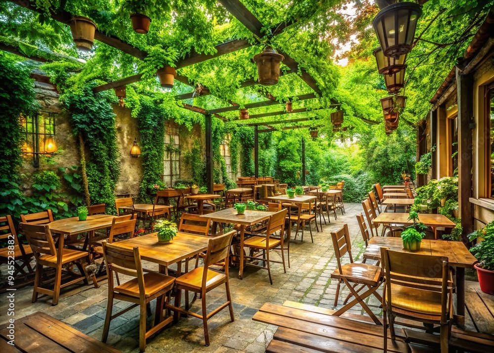 Fototapeta premium Serene abandoned outdoor cafe setting with rows of empty wooden chairs and tables scattered beneath a vibrant green canopy, surrounded by lush foliage.