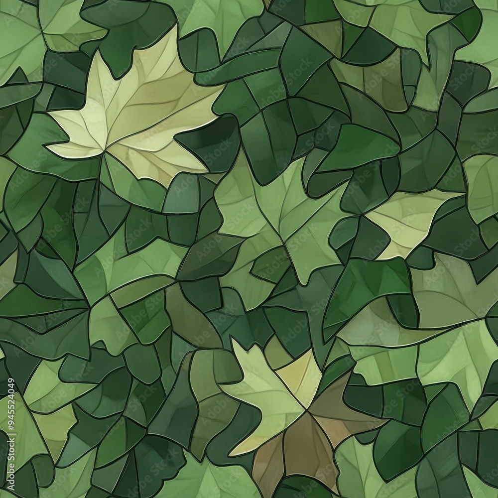 Olive green stained glass style maple leaf pattern, seamless repeating pattern, minimal pattern, perfect for autumn-themed projects, wrapping paper, branding, and fabric design Olive green stained glass style maple leaf pattern, seamless repeating pattern, minimal pattern, perfect for autumn-themed projects, wrapping paper, branding, and fabric design
