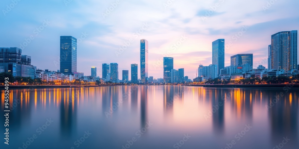 Obraz premium A tranquil city skyline reflected in calm waters at sunset, showcasing modern architecture and beautiful lighting.