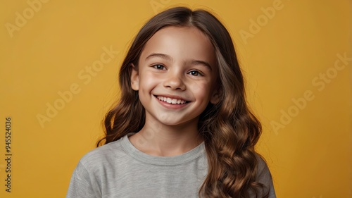 A portrait of a charming and cheerful Caucasian pre-teen girl, looking cute and attractive with a sweet smile, set against a bright, vivid yellow background.