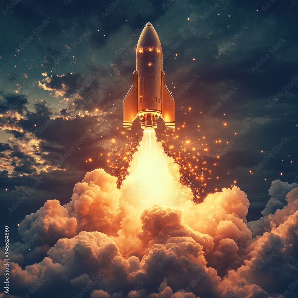 Rocket Launch Through Dramatic Clouds and Stars Rocket Launch Through Dramatic Clouds and Stars