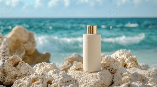 A luxurious shampoo bottle resting on rocks by the serene ocean, perfect for beauty product promotions and natural settings.