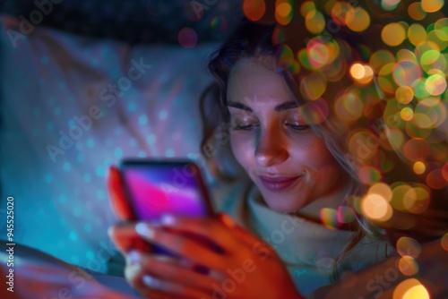 Defocussed image of Woman looking at a mobile phone in bed at night. Defocussed image of Woman looking at a mobile phone in bed at night. She is relaxed. She could be online shopping, chatting or onli photo