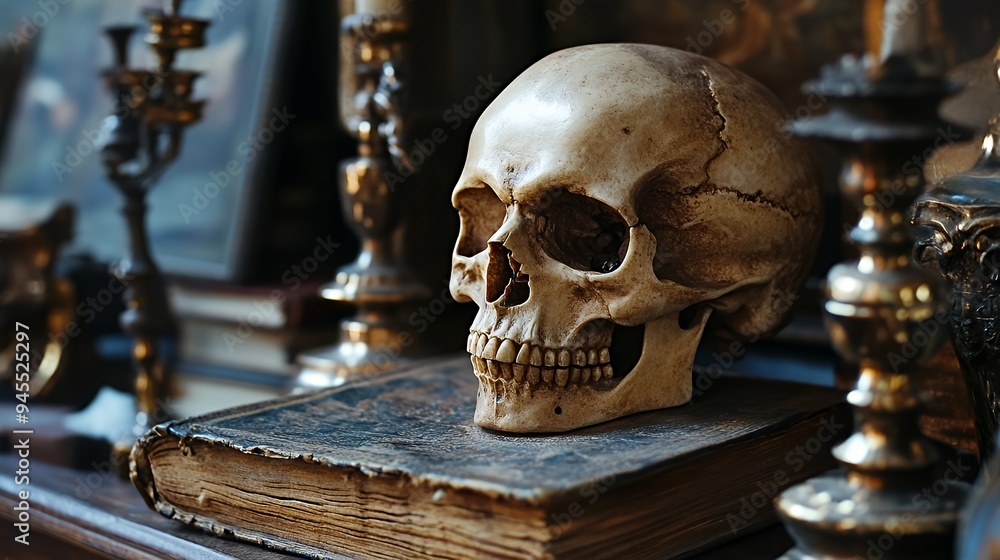 A skull rests on an ancient book surrounded by ornate candle holders, evoking a scholarly atmosphere.
