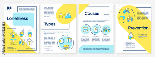 Mental loneliness blue and yellow brochure template. Leaflet design with linear icons. Editable 4 vector layouts for presentation, annual reports. Questrial, Lato-Regular fonts used