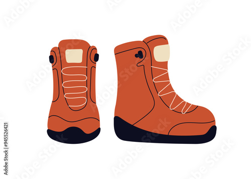 Hiking and trekking boots. Comfortable travel shoes pair, touristic high ankle footwear for active adventure, climbing. Leather foot gear. Flat vector illustration isolated on white background