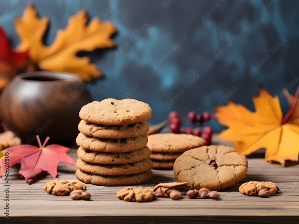 Cookies on a Wooden Table Filled with Autumn Leaves for Cafes, Bakeries, and Cozy Fall Vibes Cookies on a Wooden Table Filled with Autumn Leaves for Cafes, Bakeries, and Cozy Fall Vibes