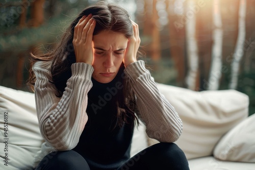 Young woman with chronical pain Young woman from the Netherlands having a strong headache, migraine, pms photo