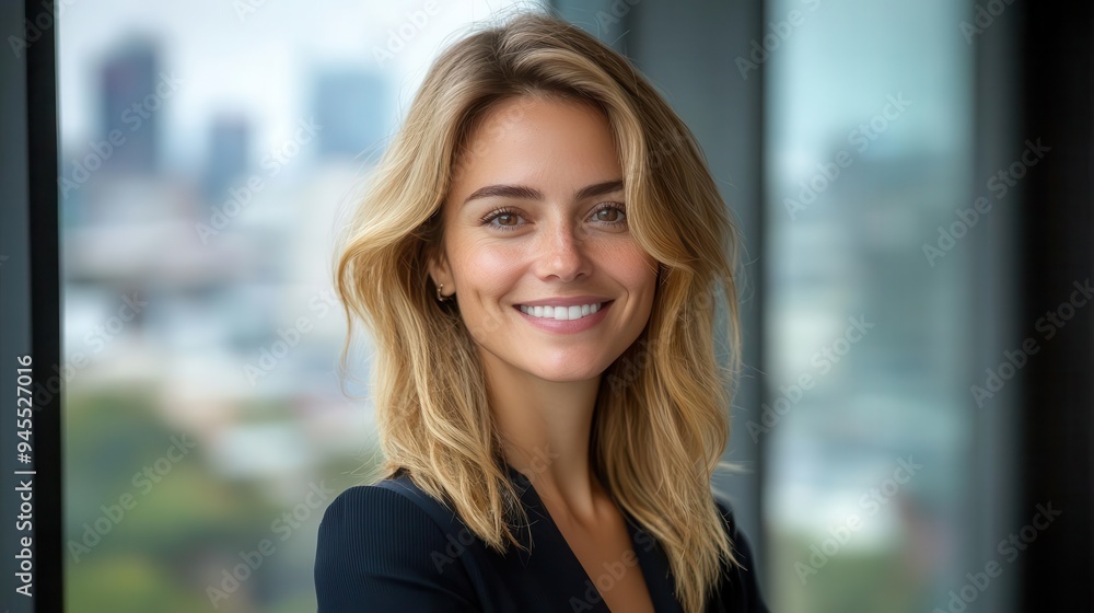 portrait of a charismatic businesswoman with a warm smile in a modern office setting with floortoceiling windows offering a panoramic city view portrait of a charismatic businesswoman with a warm smile in a modern office setting with floortoceiling windows offering a panoramic city view