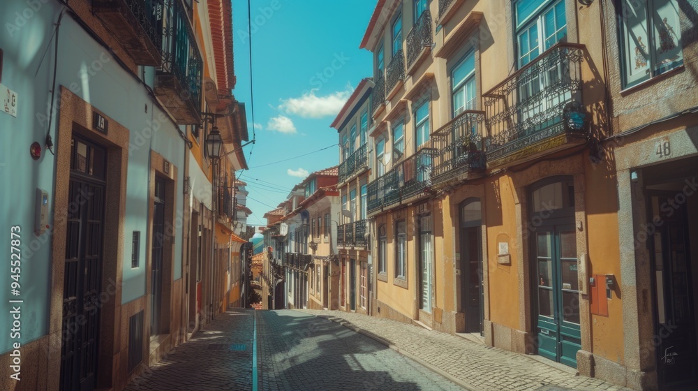 Fototapeta premium Narrow cobblestone street lined with tall buildings, suitable for city or town scenes