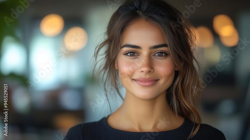 Free Download professional headshot of confident indian businesswoman warm smile and modern attire office setting with soft focus background suggesting corporate environment - GFXLoad