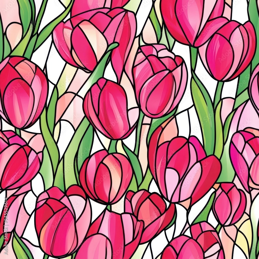 Pink stained glass style tulip bouquet pattern, seamless repeating pattern, minimal pattern, ideal for fashion accessories, greeting cards, upholstery, notebook covers, and custom prints Pink stained glass style tulip bouquet pattern, seamless repeating pattern, minimal pattern, ideal for fashion accessories, greeting cards, upholstery, notebook covers, and custom prints