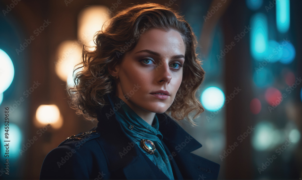 Obraz premium A woman with curly brown hair stands in front of a colorful city lights background at night
