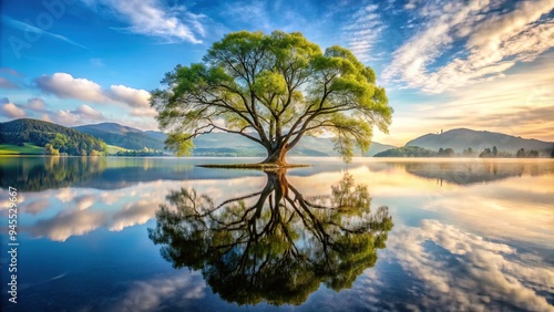 Serene landscape featuring a majestic tree standing alone on a tranquil lake's edge, its elegant branches mirrored perfectly in the calm water's glassy surface.