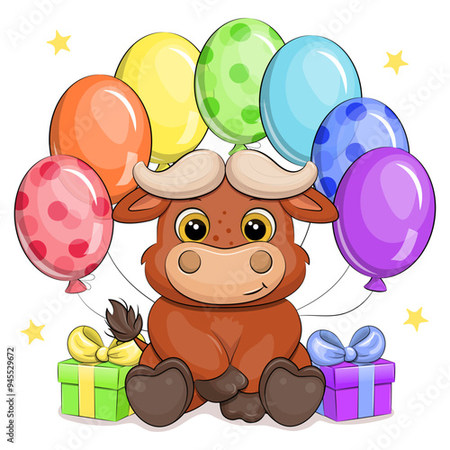 Cute cartoon buffalo with rainbow balloons and gifts. Festive vector illustration of an animal on a white background with stars.