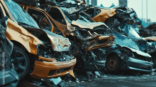 Pile of car scrap waste for recycling, with smashed and wrecked cars in a junkyard photo