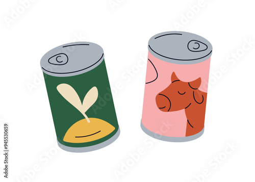 Canned food products, preservations in tins, metal packaging. Corned beef, stewed meat, vegetarian preserves in container, sealed jar, packing. Flat vector illustration isolated on white background
