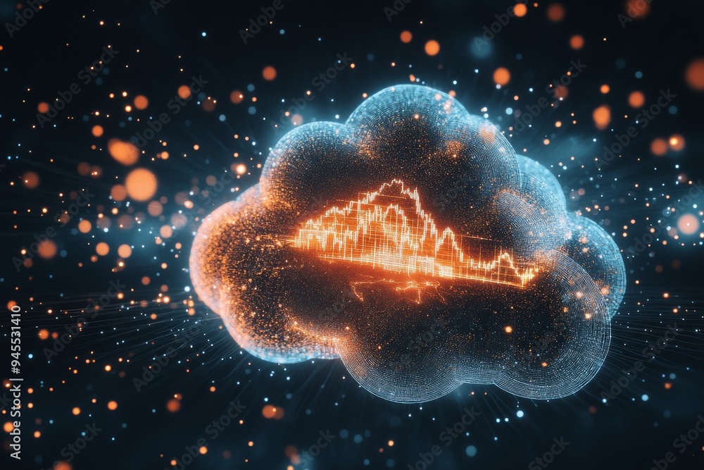 3D abstract cloud with glowing connections on a dark background, a concept of data transfer and online storage technology. 3D abstract cloud with glowing connections on a dark background, a concept of data transfer and online storage technology.