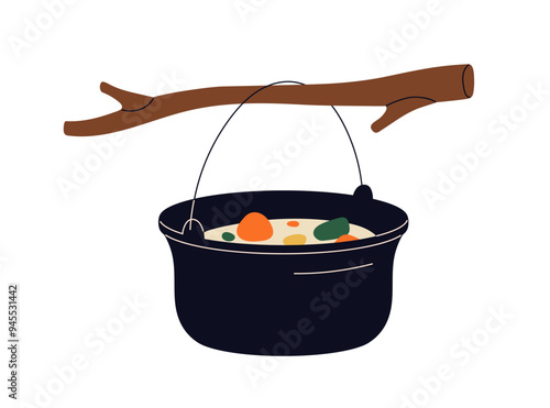 Camping pot hanging on branch, cooking soup outdoors. Stewed vegetables, meal preparation in touristic cauldron for picnic outside, cookout. Flat vector illustration isolated on white background