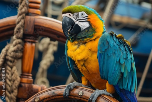 A vibrant parrot with bright blue, yellow, and green feathers perched on a wooden ship wheel with nautical ropes in the background, evoking a maritime adventure theme. photo