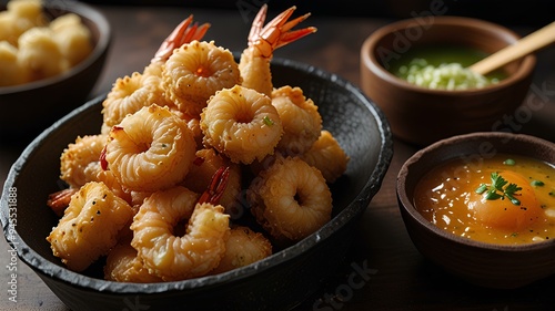 Shrimp tempura with a crispy coating that dances in a well-used commercial copper pot, fried with the skill of a professional tempura chef. photo