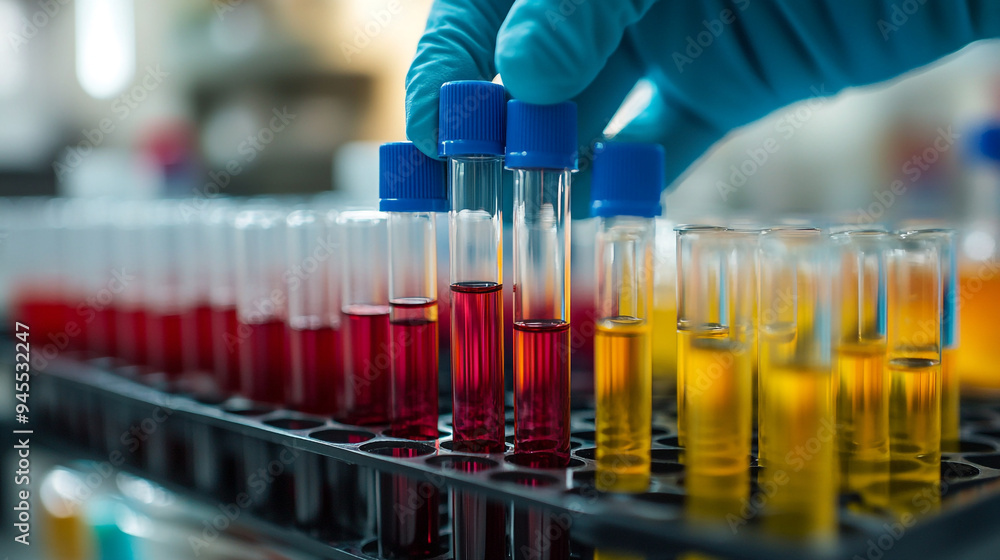 doctor hand taking a blood sample tube from a rack with machines of analysis in the lab background doctor hand taking a blood sample tube from a rack with machines of analysis in the lab background