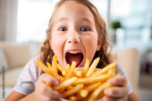 An enthusiastic child happily enjoys a delicious serving of French fries. A joyful girl eating fast food